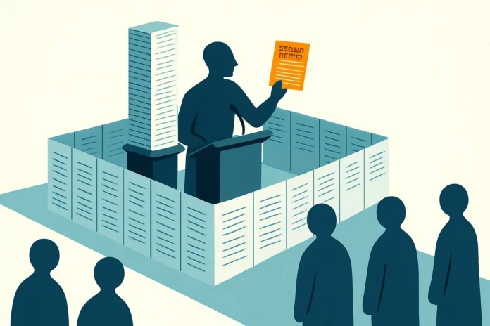 A figure presenting its own incident reports while using the same papers to wall itself off from others, illustrating self-disclosure as regulatory capture