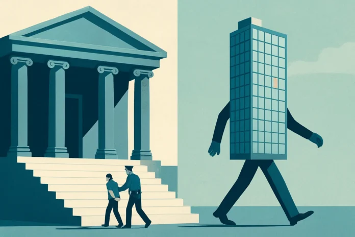 A small handcuffed figure led up courthouse steps while a giant corporate tower walks past untouched, illustrating one law for ordinary people and none for the powerful